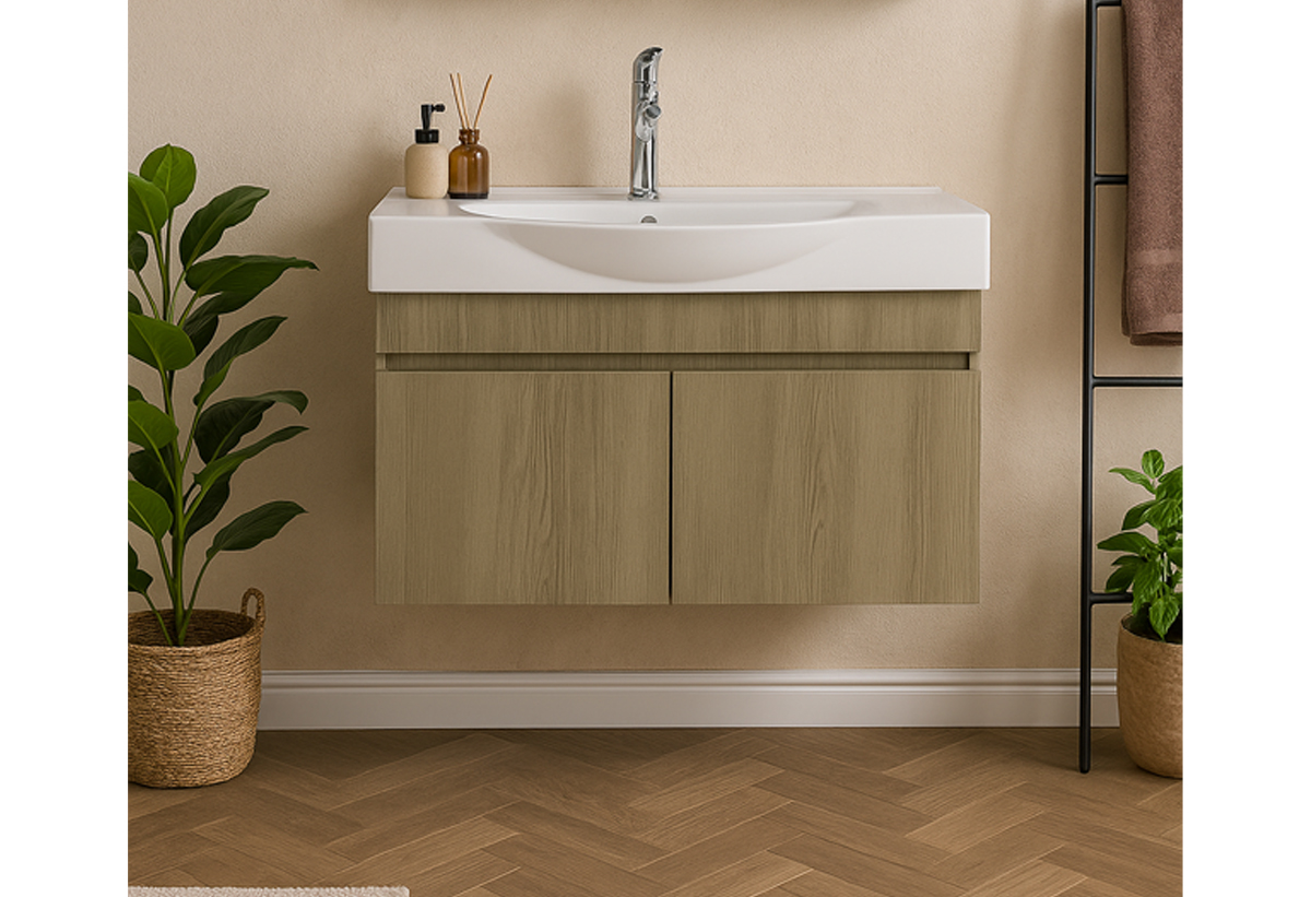 Απεικονίζεται ο πάγκος και ο νιπτήρας του επίπλου μπάνιου